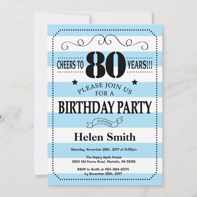 80th Birthday Invitation Blue and White Stripes (Front)