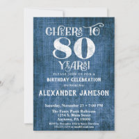 80th Birthday Invitation Blue Linen Rustic Cheers