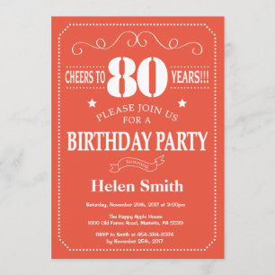 80th Birthday Invitation Burgundy Orange and White