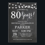 80th Birthday Invitation Chalkboard<br><div class="desc">80th Birthday Invitation Chalkboard Background with String Lights. Black and White. 13th 15th 16th 18th 20th 21st 30th 40th 50th 60th 70th 80th 90th 100th, Any age. Adult Birthday. Woman or Man Male Birthday Party. For further customisation, please click the "Customise it" button and use our design tool to modify...</div>