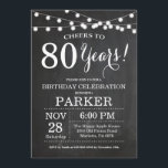 80th Birthday Invitation Chalkboard<br><div class="desc">80th Birthday Invitation Chalkboard Background with String Lights. Black and White. 13th 15th 16th 18th 20th 21st 30th 40th 50th 60th 70th 80th 90th 100th, Any age. Adult Birthday. Woman or Man Male Birthday Party. For further customisation, please click the "Customise it" button and use our design tool to modify...</div>