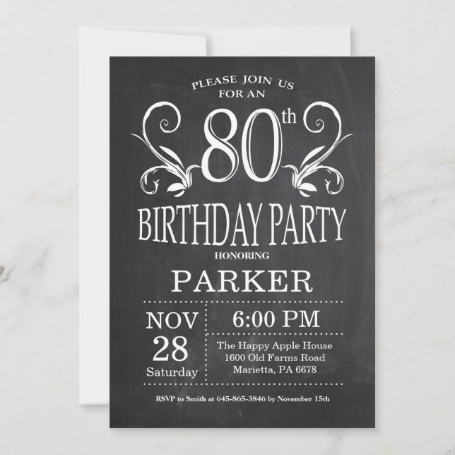 80th Birthday Invitation Chalkboard Floral (Front)