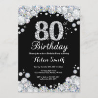 80th Birthday Invitation Chalkboard Silver Diamond