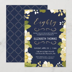 80th Birthday Invitation, Customise Floral w/ Gold Invitation