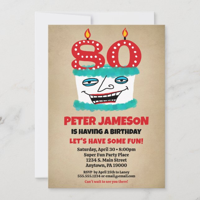 80th Birthday Invitation Funny Cake Casual Mens (Front)