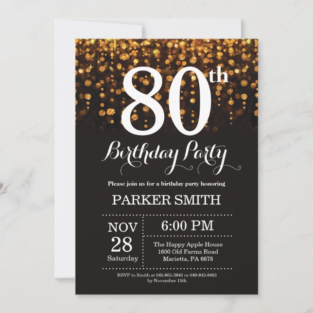80th Birthday Invitation Gold Glitter (Front)