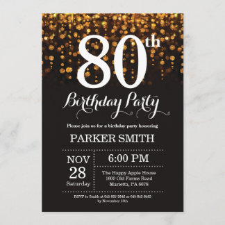 80th Birthday Invitation Gold Glitter