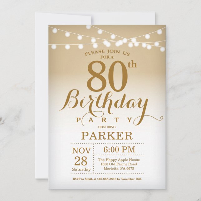 80th Birthday Invitation Gold String Lights (Front)