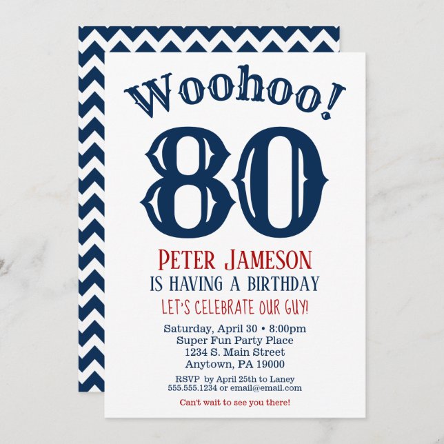 80th Birthday Invitation Mens Navy Blue (Front/Back)