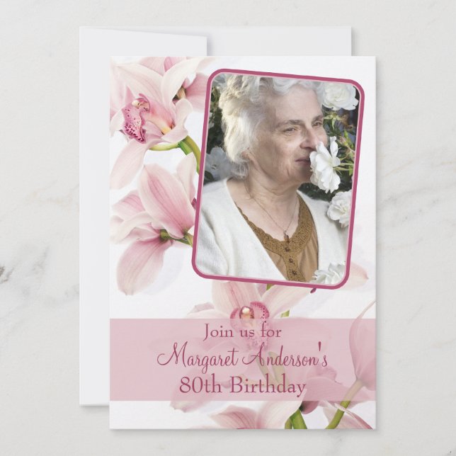 80th Birthday Invitation | Photo | Pink Orchid (Front)