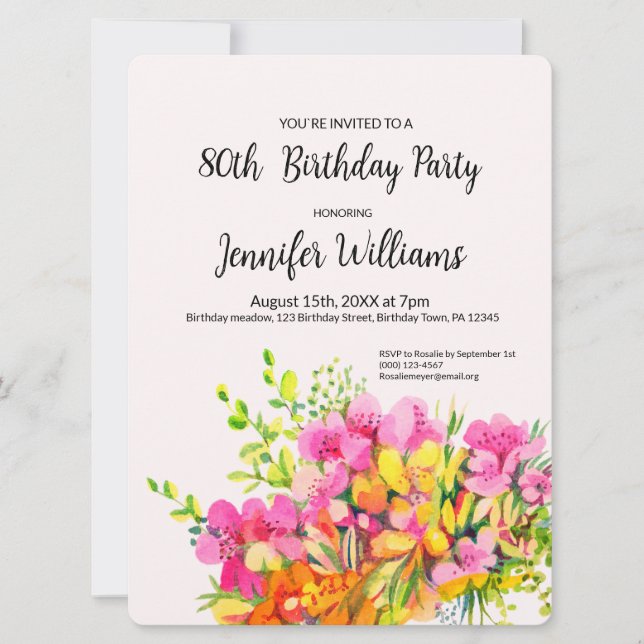 80th  Birthday invitation pink and orange flowers (Front)