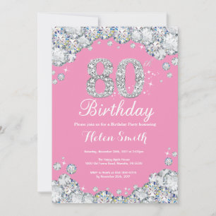 80th Birthday Invitation Pink and Silver Diamond