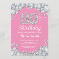 80th Birthday Invitation Pink and Silver Diamond