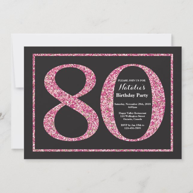 80th Birthday Invitation Pink Glitter Chalkboard (Front)