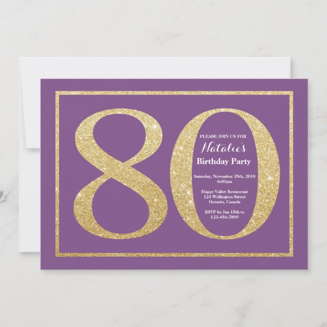 80th Birthday Invitation Purple and Gold Glitter (Front)