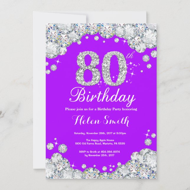 80th Birthday Invitation Purple and Silver Diamond (Front)