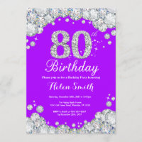 80th Birthday Invitation Purple and Silver Diamond