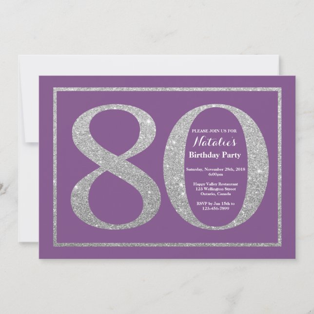 80th Birthday Invitation Purple and Silver Glitter (Front)