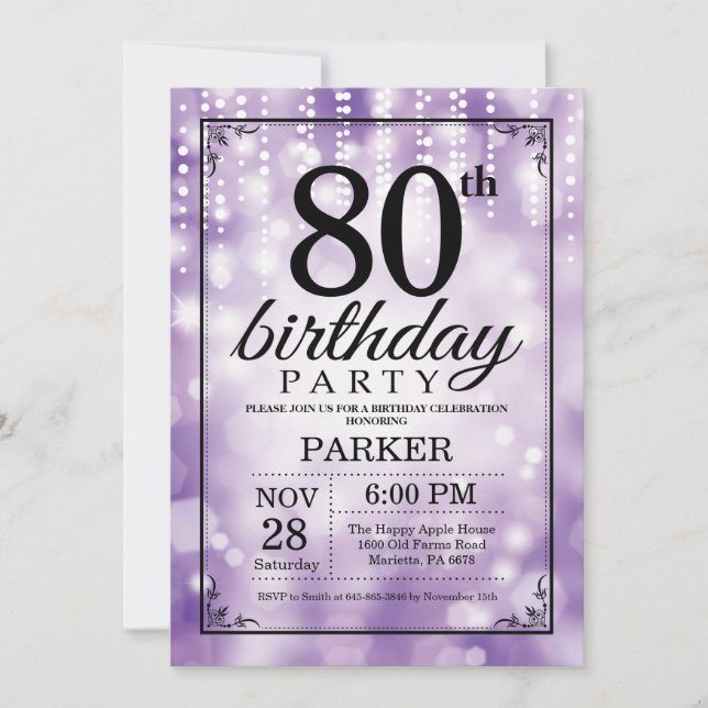 80th Birthday Invitation Purple Glitter (Front)