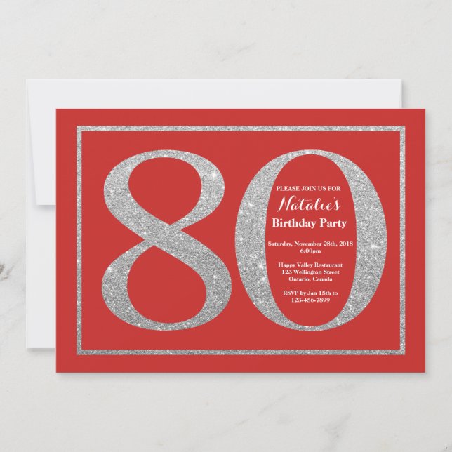 80th Birthday Invitation Red and Silver Glitter (Front)