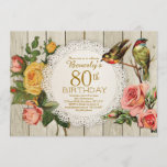 80th Birthday Invitation Rustic Roses Floral Birds<br><div class="desc">80th birthday party invitation for women. Elegant rose florals,  birds,  a lace doily and woodgrain background give this invitation an antique flair. Perfect for mum's birthday party. The text is fully editable,  so you can personalise the card,  change the age or wording to suit your event!</div>