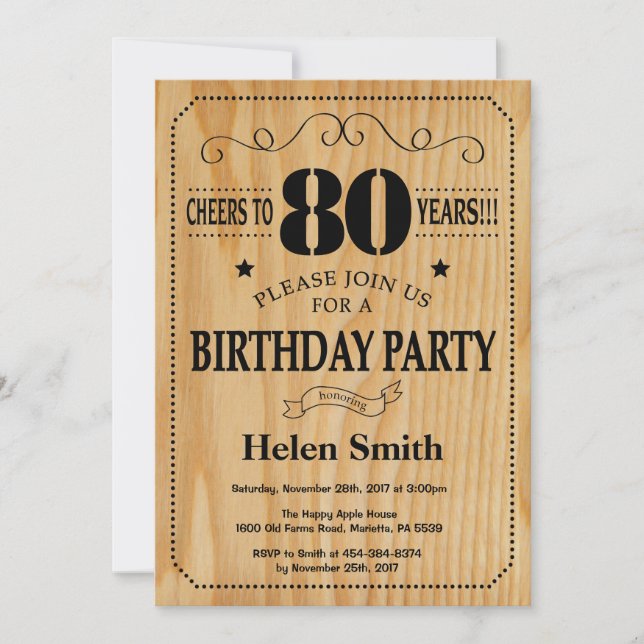 80th Birthday Invitation Rustic Wood (Front)