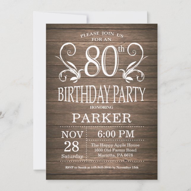 80th Birthday Invitation Rustic Wood Floral (Front)