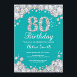 80th Birthday Invitation Teal and Silver Diamond<br><div class="desc">80th Birthday Invitation. Teal and Silver Rhinestone Diamond Teal Turquoise Aqua Background. Elegant Birthday Bash invite. Adult Birthday. Women Birthday. Men Birthday. For further customisation,  please click the "Customise it" button and use our design tool to modify this template.</div>