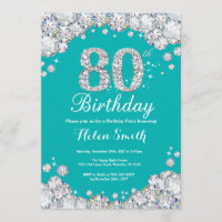 80th Birthday Invitation Teal and Silver Diamond