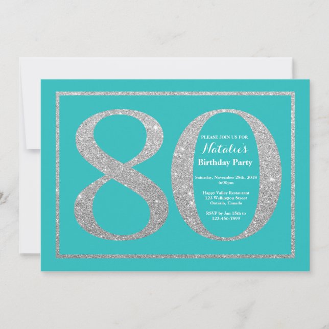 80th Birthday Invitation Teal and Silver Glitter (Front)