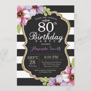 80th Birthday Invitation Women. Floral Gold Black