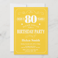 80th Birthday Invitation Yellow and White