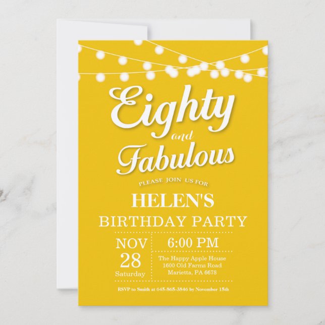 80th Birthday Invitation Yellow Fabulous (Front)