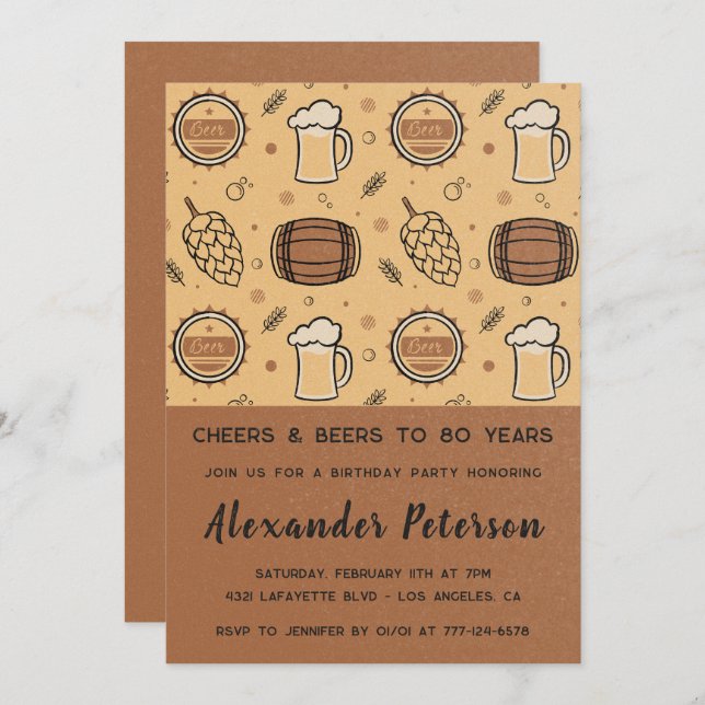 80th birthday invitations for him Beer Rustic Men  (Front/Back)