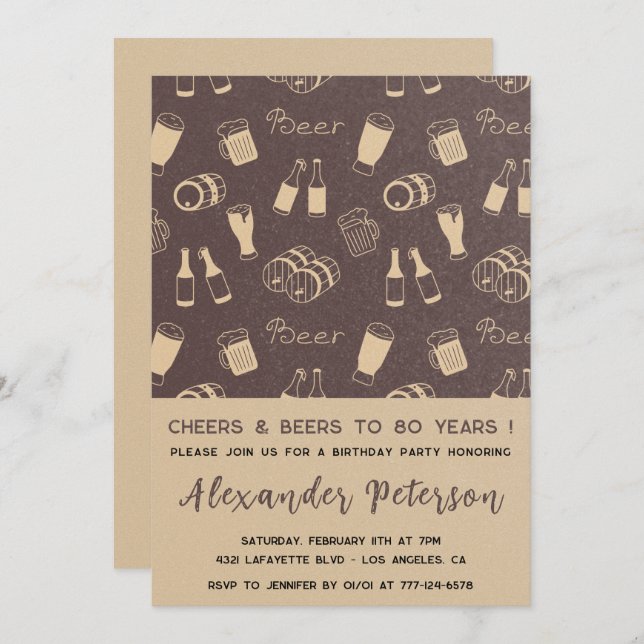 80th birthday invitations Men Beer Rustic (Front/Back)