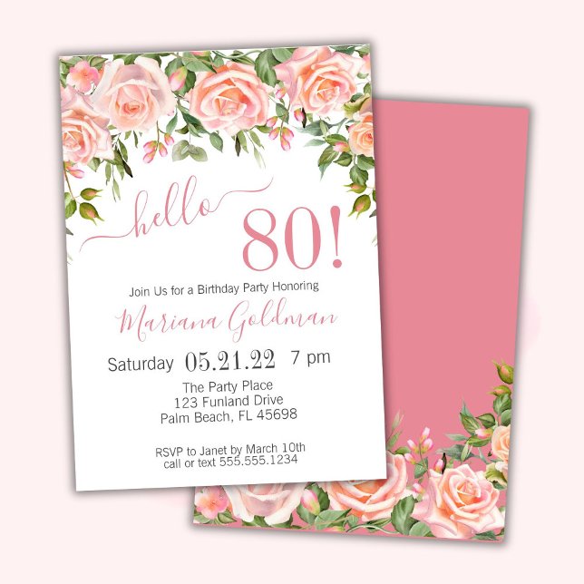 80th Birthday Invitations Pink Floral Modern Party (Creator Uploaded)