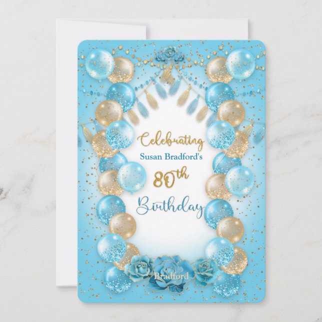 80th Birthday Ladies Blue Gold Balloons Design Invitation (Front)