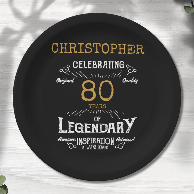80th Birthday Legendary Black Gold Retro Paper Plate (For those celebrating an 80th birthday we have the ideal birthday party plates with a vintage feel.)