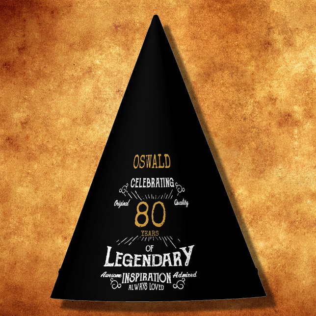 80th Birthday Legendary Black Gold Retro Party Hat (For those celebrating their 80th birthday we have the ideal birthday party hats with a vintage feel.)