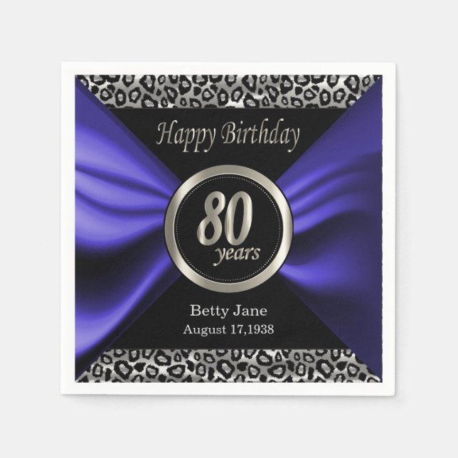 80th Birthday | Leopard - Blue Purple - Custom Napkin (Front)