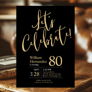 80th Birthday Let's Celebrate Black Gold Invitation
