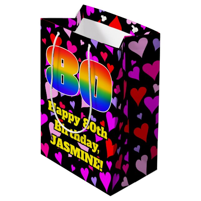 80th Birthday: Loving Hearts Pattern, Rainbow # 80 Medium Gift Bag (Back Angled)