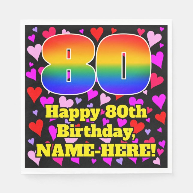 80th Birthday: Loving Hearts Pattern, Rainbow # 80 Napkin (Front)