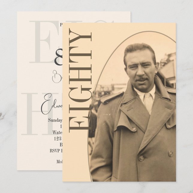 80th Birthday Male Photo Modern Birthday Invitation (Front/Back)