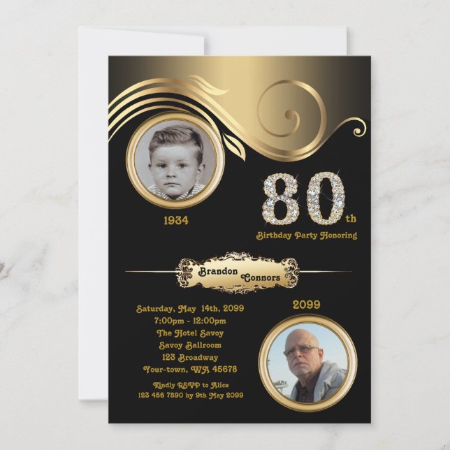 80th,Birthday Man 80th, art deco, black gold Invitation (Front)