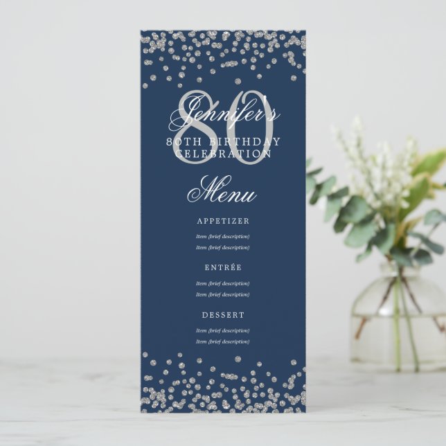 80th Birthday Menu Silver Confetti Navy Blue Invitation (Standing Front)