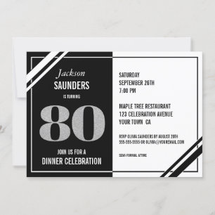 80th Birthday Modern Black and White Dinner Party Invitation
