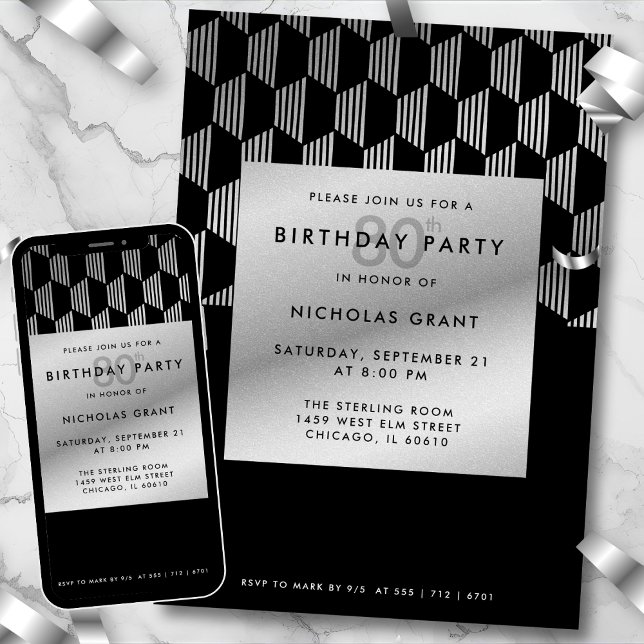 80th Birthday Modern Black Faux Silver Foil Invitation (Creator Uploaded)