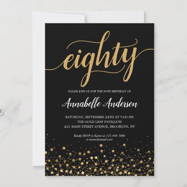 80th Birthday Modern Black Gold Confetti Script Invitation (Front)
