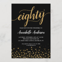 80th Birthday Modern Black Gold Confetti Script